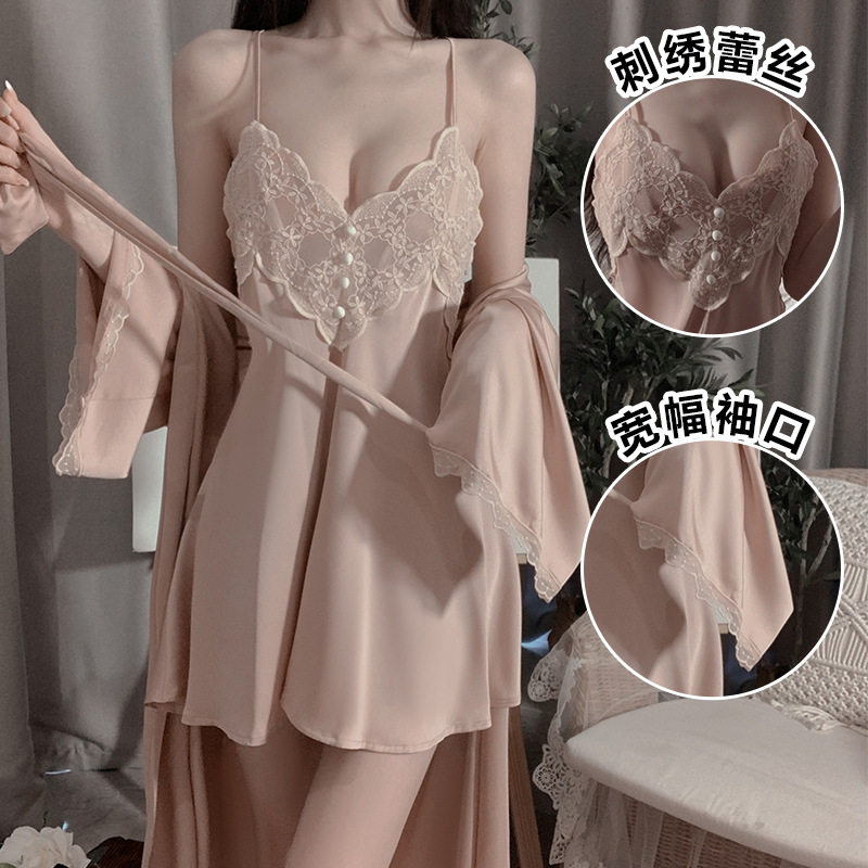 寻TA【花语】春夏舒适睡衣露背甜美刺绣蕾丝吊带睡裙女开衫家居服