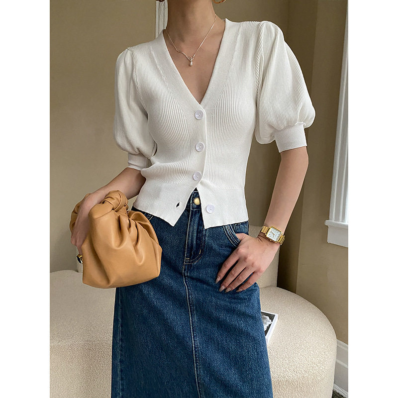 e显瘦!! 南法掐腰版V领泡泡袖针织衫秋冬新款