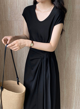 赫本风黑色裙子系带气质连衣裙女夏高级感气质长裙女装6282