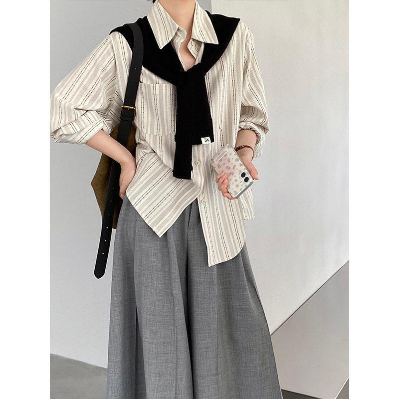 通勤风亚麻条纹衬衣女2025秋季百搭宽松长袖不规则衬衣