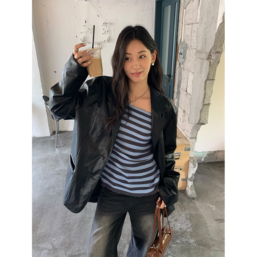 韩系高级感黑色皮衣西装外套女秋季宽松机车夹克