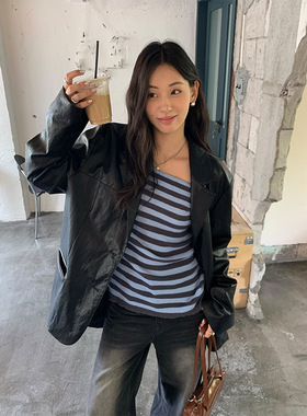 高级感黑色皮衣西装外套女秋季宽松机车夹克