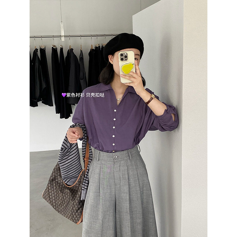 韩系长袖贝壳扣纯色女式衬衫女2025设计感气质叠穿衬衣