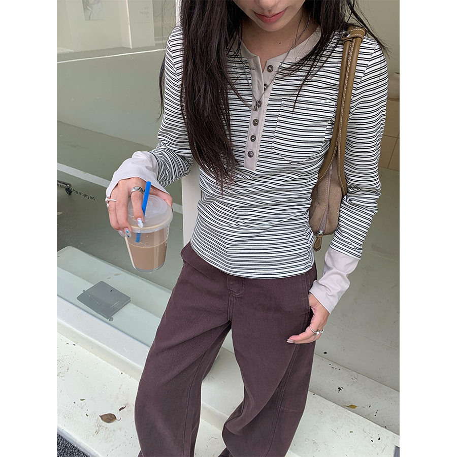 襟条纹圆领打底衫女秋季新款韩版修身显瘦长袖T恤