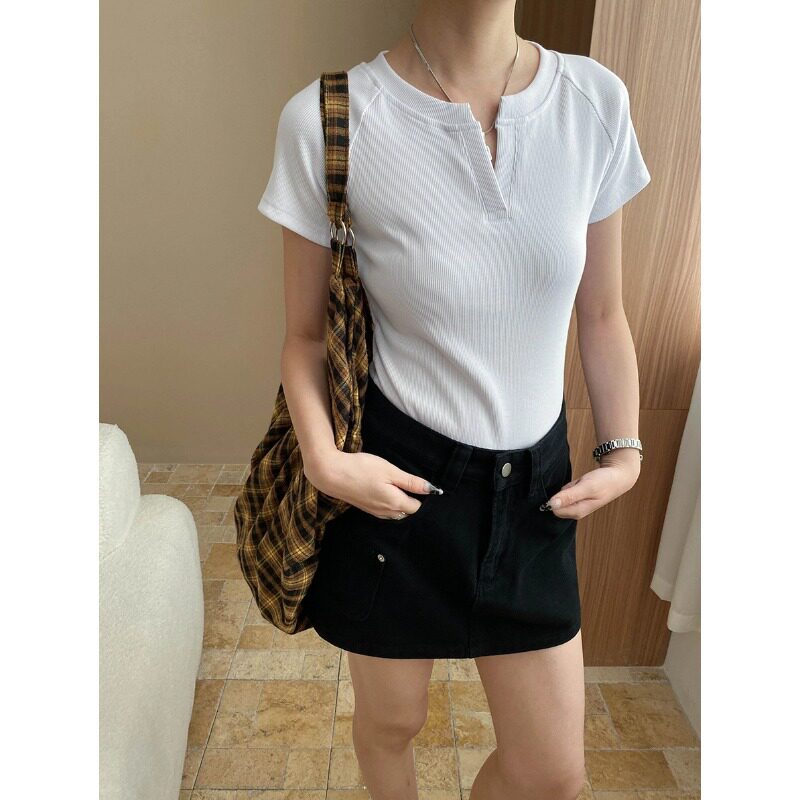 博主腔调 美式V领设计感辣妹修身显瘦短袖T恤