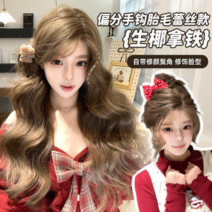 束朵【生椰拿铁】假发女手钩蕾丝偏分斜刘海长卷发网红时尚全头套