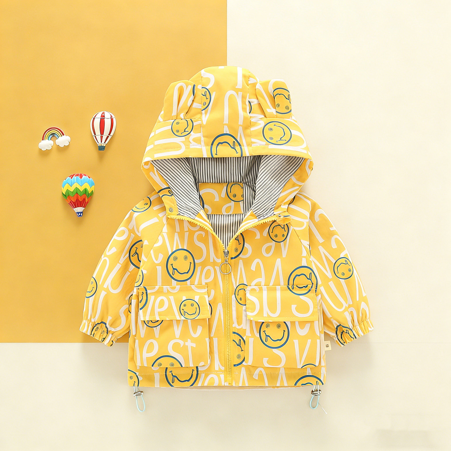 宝宝春装卡通风男童连帽外套春秋笑脸印花拉链衫儿童帅气夹克风衣