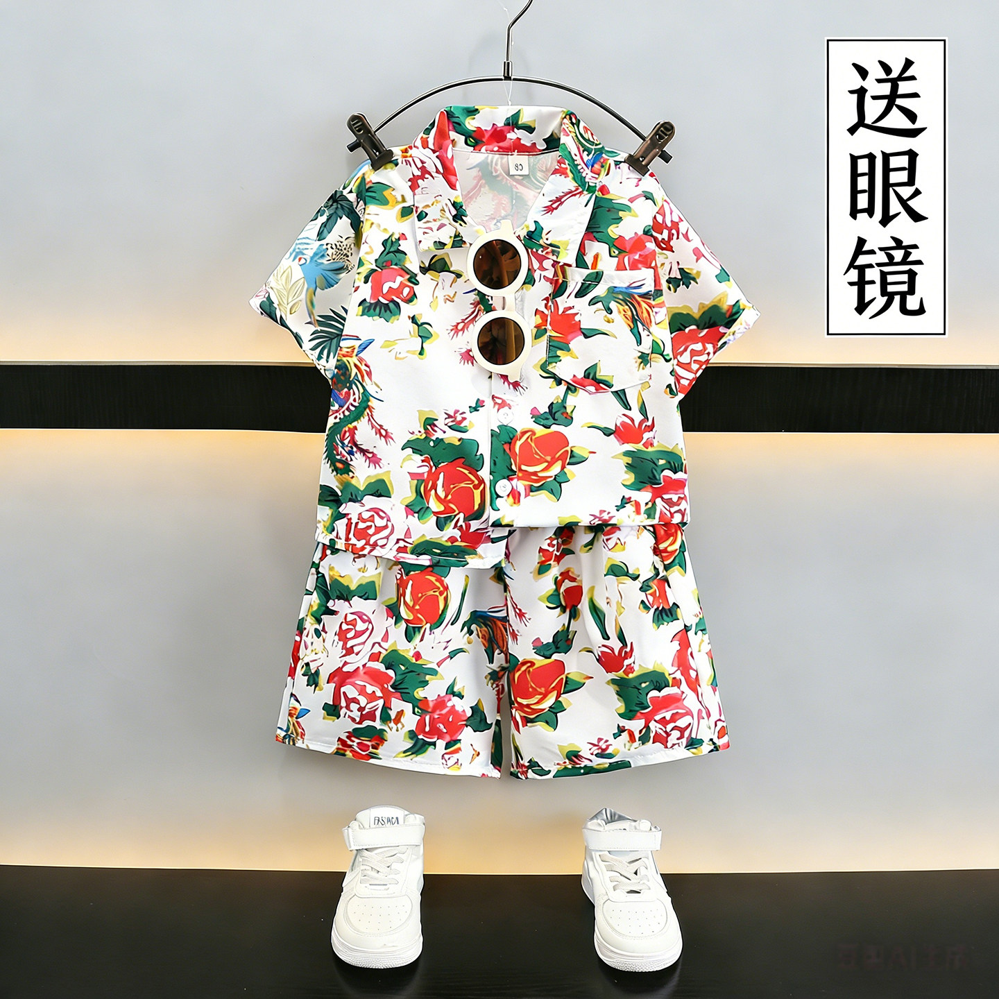 男童套装2026新款儿童洋气东北大花短袖衬衫两件套沙滩风宝宝夏装