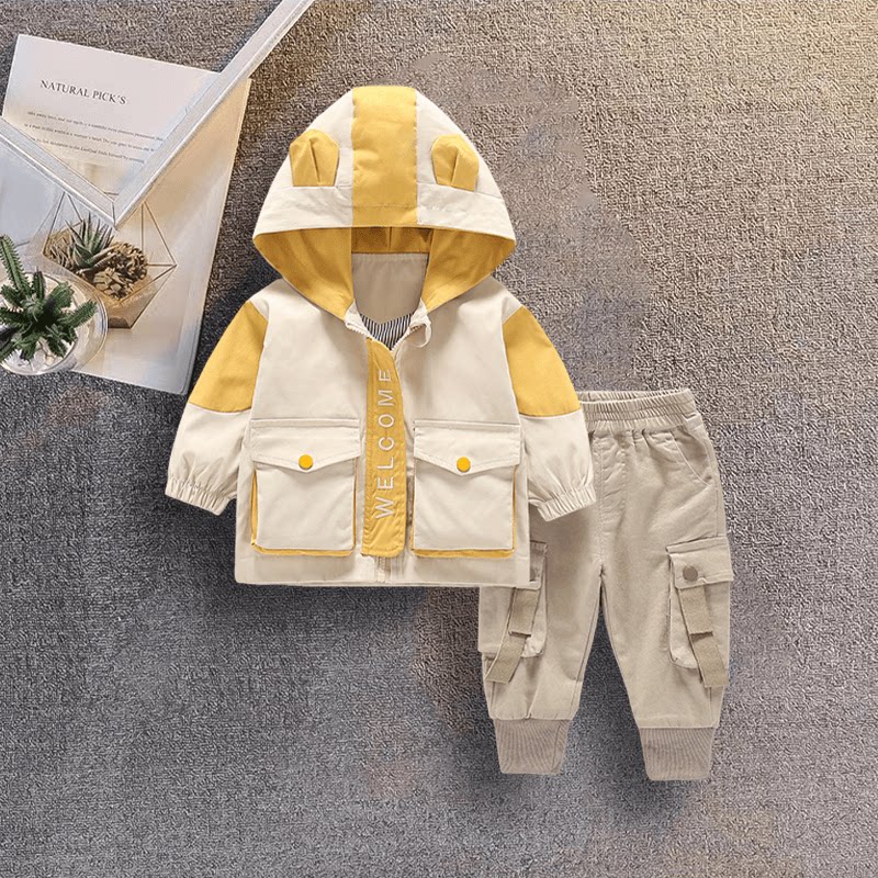 宝宝春装卡通风男童连帽外套套装2026春秋季洋气休闲婴儿两件套潮