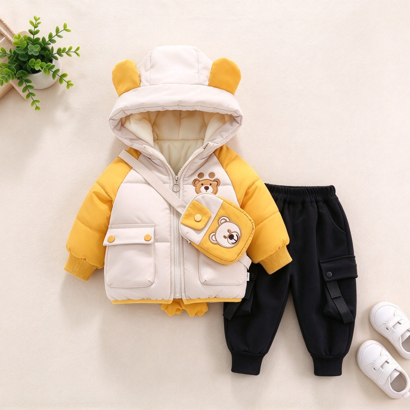 宝宝冬季加绒加厚棉服套装