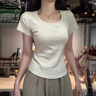 短款 新款 上衣女修身 t恤辣妹正肩2025学生短袖 美式 显瘦设计感夏季