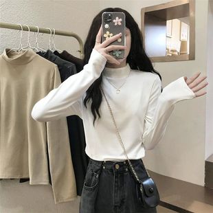 上衣高领白色T恤女 内打底衫 半秋季 搭学生2024别致德绒女新款 长袖
