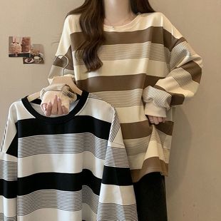 寬松美式 學(xué)生條紋衛(wèi)衣胖顯瘦女款 遮肚薄款 新款 上衣復(fù)古2024秋季