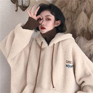 毛绒2022外套韩版 羊羔潮字母宽松新款 卫衣连帽仿假两件刺绣秋冬季