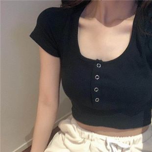 潮女上衣新款 圓領(lǐng)高腰短袖 小心修身 臍夏季 T恤短款 2024機(jī)露ins顯瘦