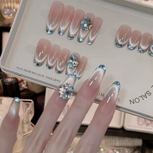 纯手工穿戴甲鸽子蛋钻石法式猫眼美甲贴高级感蓝色爆闪假指甲
