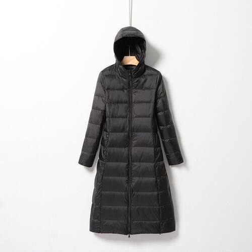 新款冬季保暖轻薄中长款纯色连帽简约羽绒服外套百搭保暖女士外套