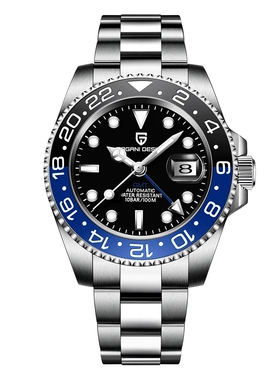 Pagani时尚手表GMT机械表全自动精钢强夜光防水两地时水鬼男腕表