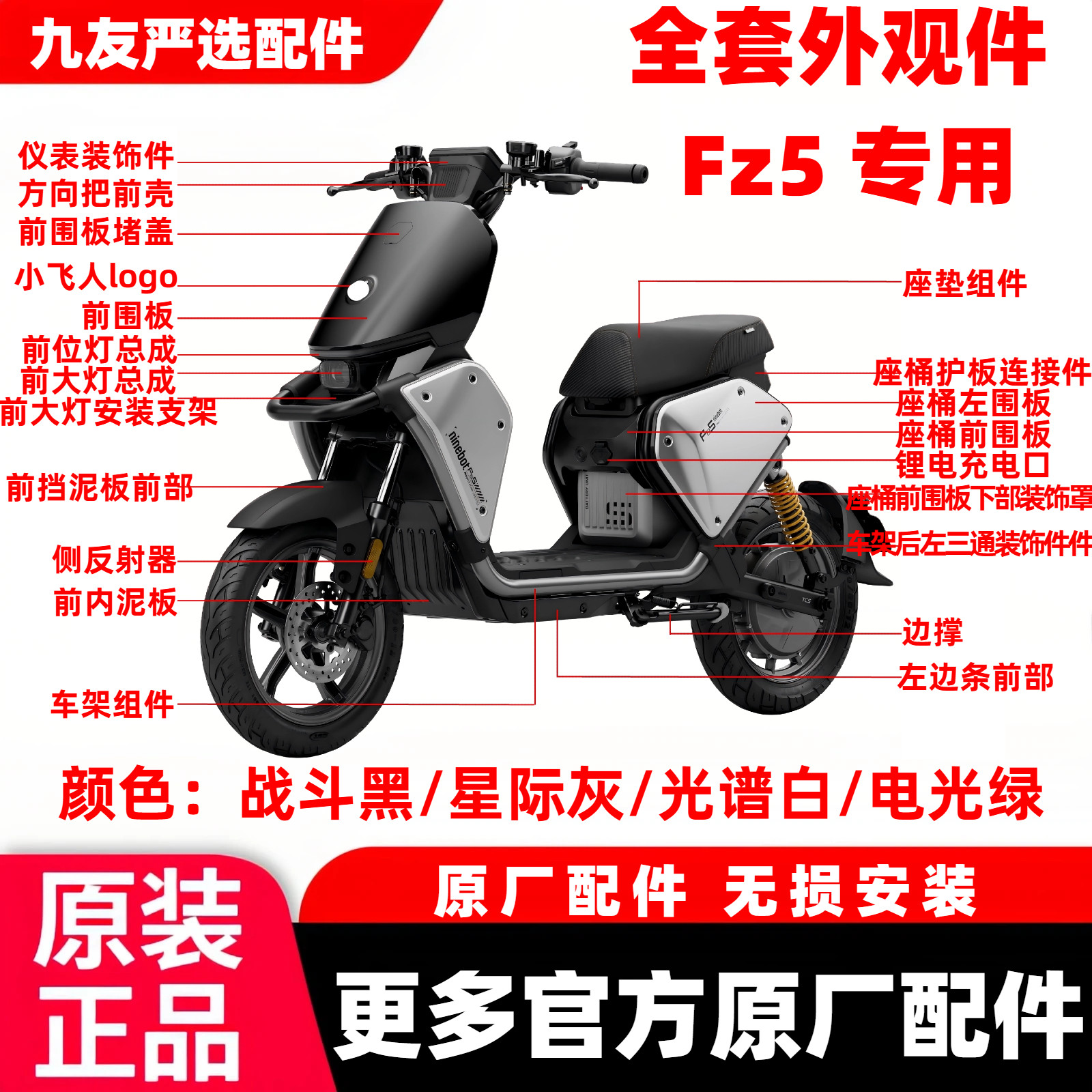 适用于九号FZ5 110全车壳配件烤漆PP件挡风面板中边条前后挡泥板图片