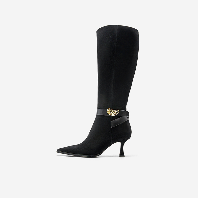 玖熙太空饰扣绒面高跟长筒靴女