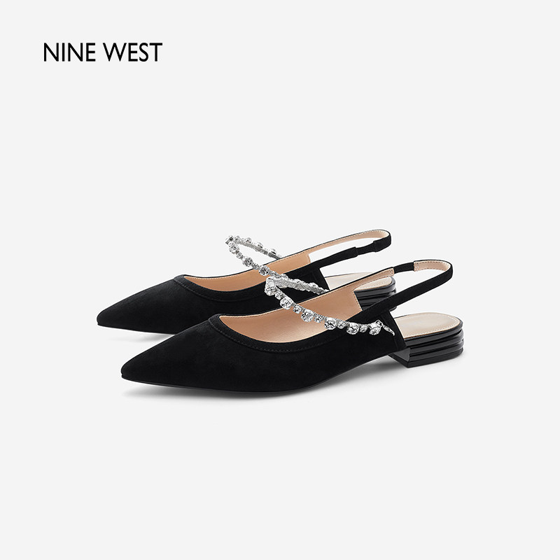 Nine West/玖熙2026年春夏季新款包头凉鞋女低跟后空钻带绒面凉鞋