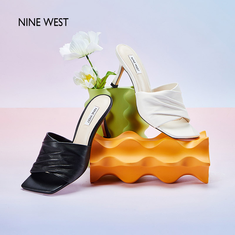 Nine West/玖熙面纱外穿细跟一字带拖鞋2025夏新款高跟凉鞋穆勒鞋