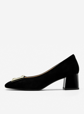 【清仓款】Nine West/玖熙春季中跟单鞋女方头绒面复古粗跟女鞋