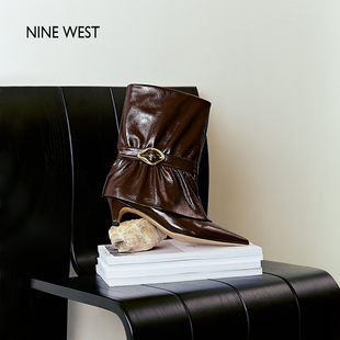 Nine 清仓 West 玖熙中筒西部靴女冬季 靴 低跟尖头时装 断码