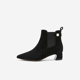 新款 玖熙2025年冬季 切尔西靴女尖头黑色优雅粗跟短靴女 West Nine