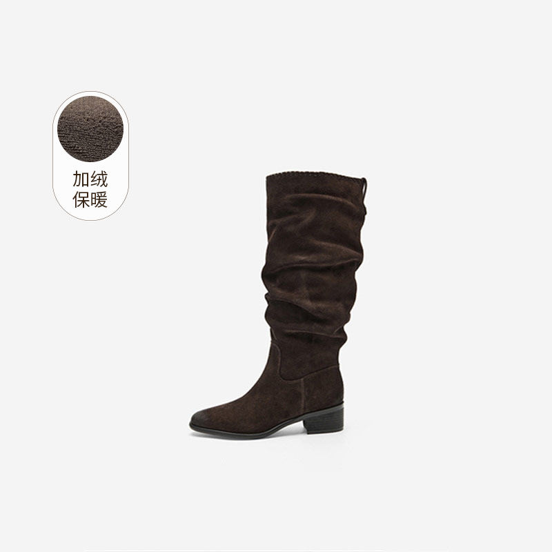 Nine West/玖熙加绒长筒靴女复古中跟堆堆靴通勤粗跟女靴