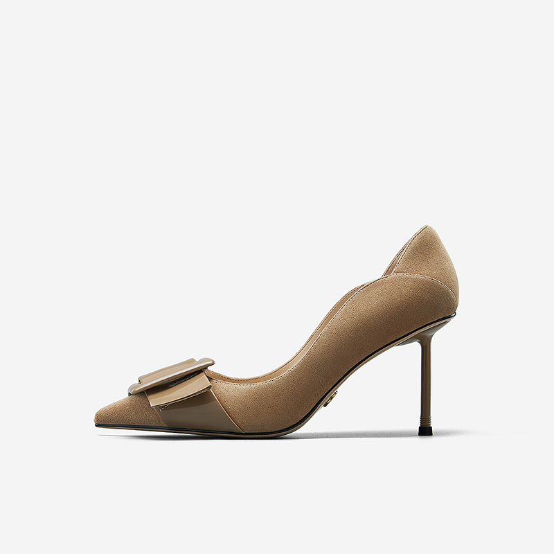 Nine West/玖熙2025年春季新款超高跟鞋女方扣尖头细跟绒面女鞋