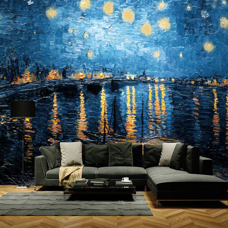 梵高欧式油画星月夜个性抽象背景墙壁纸星空壁画艺术墙纸客厅墙布