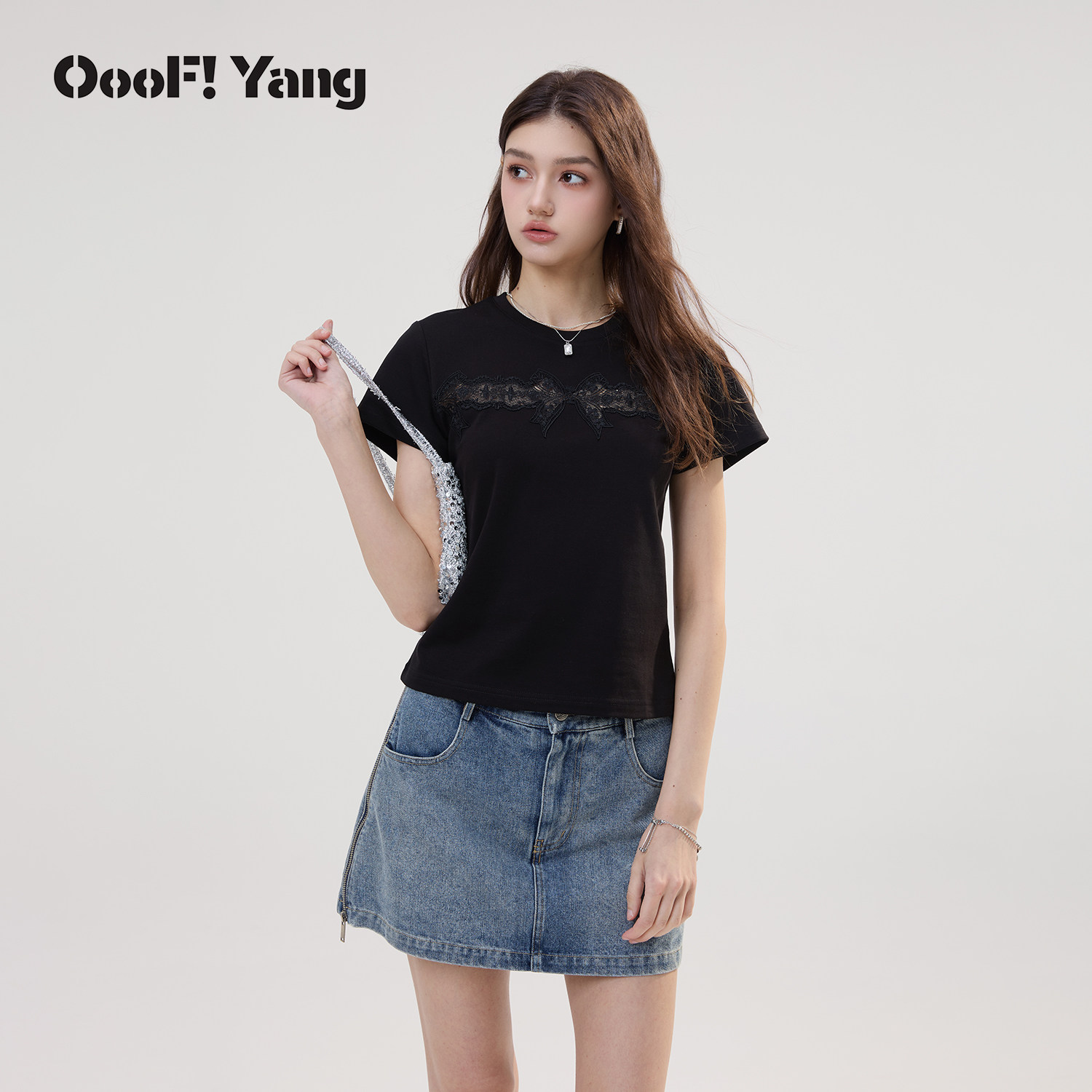 OooF!Yang蕾丝蝴蝶结小T显瘦女装