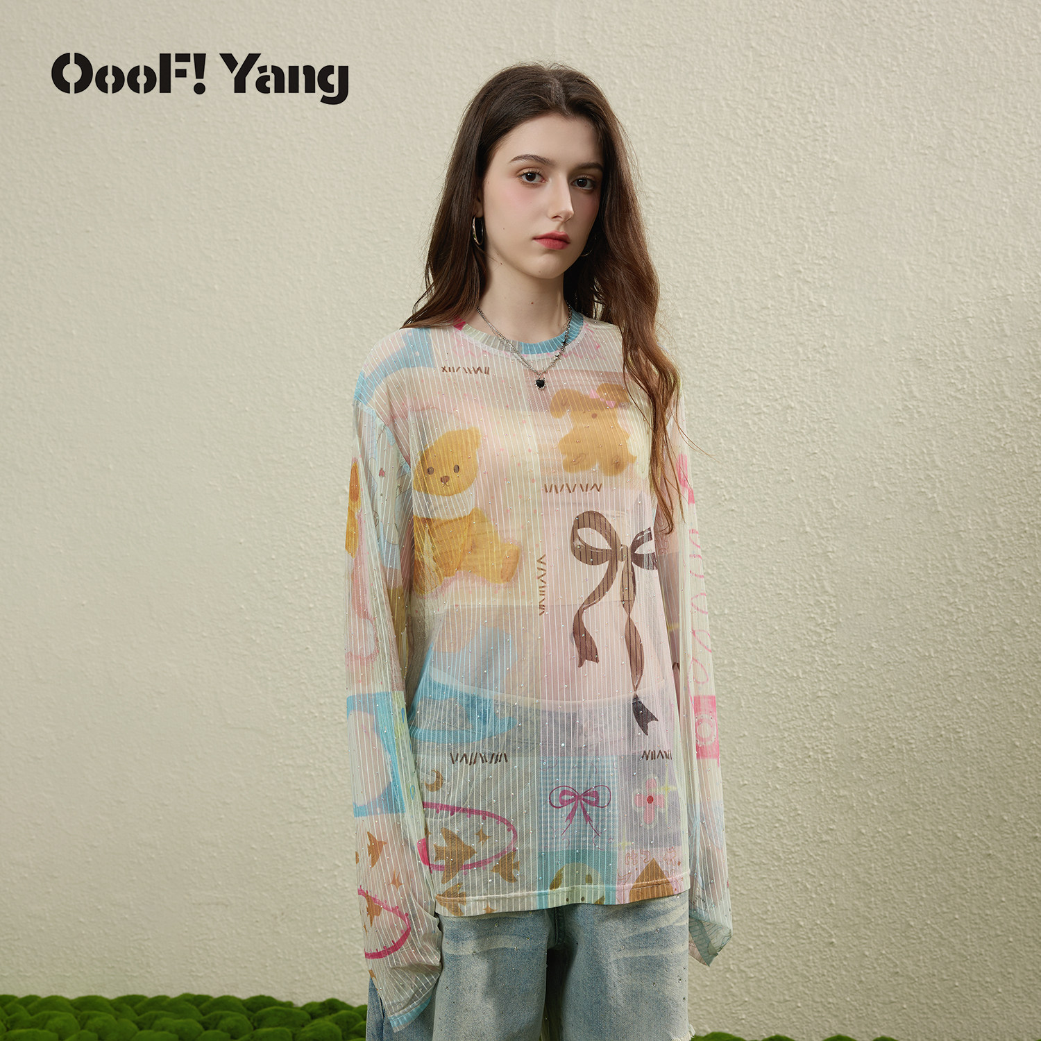 OooF!Yang印花烫钻防晒衫童趣小熊烫钻满印上衣T恤女2026夏季新款