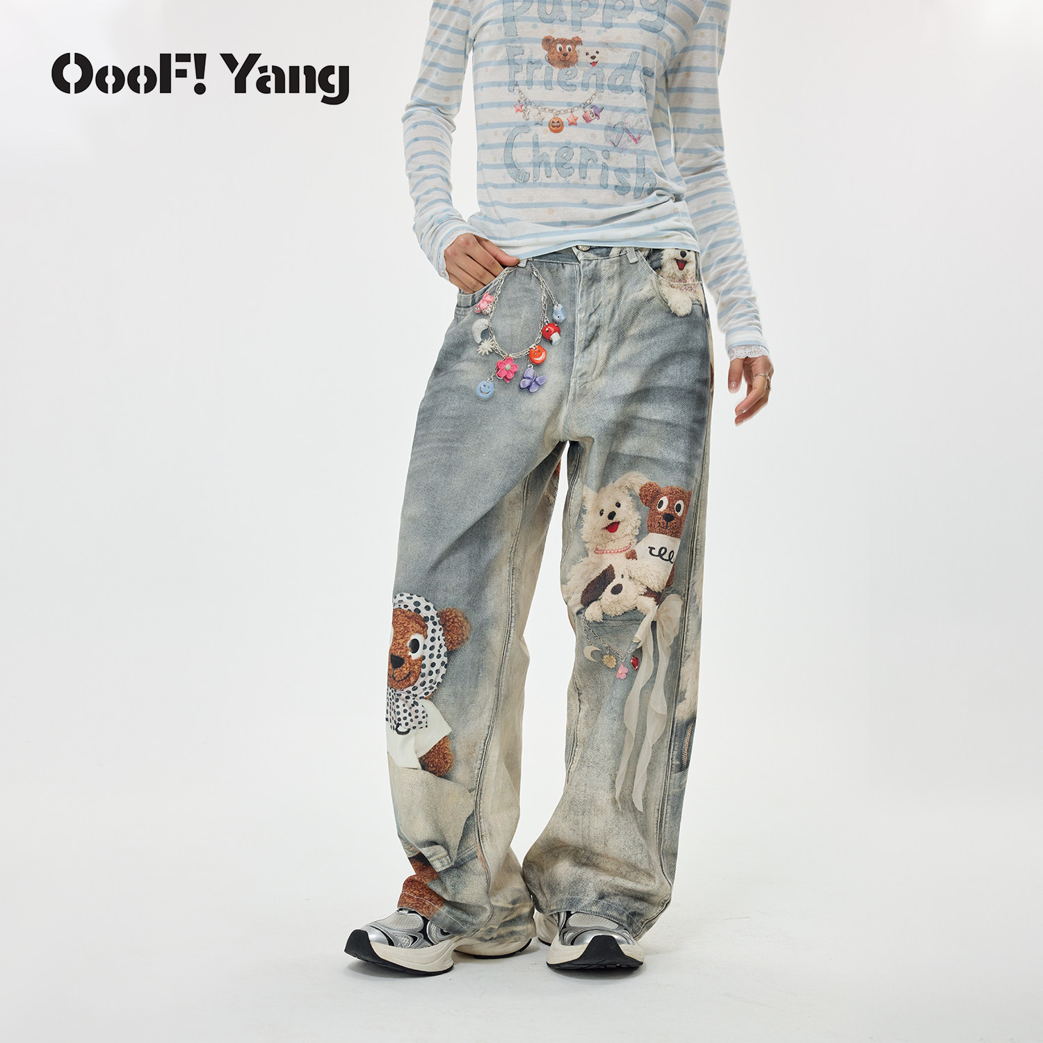 OooF!Yang高腰好朋友印花牛仔裤