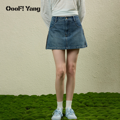 OooF!Yang侧拉链牛仔裙裤