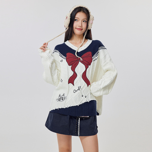 OoofYang 白色宽松显瘦打底针织毛线衣 撞色蝴蝶结毛衣少女冬季