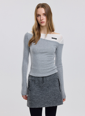 OooF！Time 假两件灰色叠穿上衣女内搭冬季修身显瘦打底衫T恤