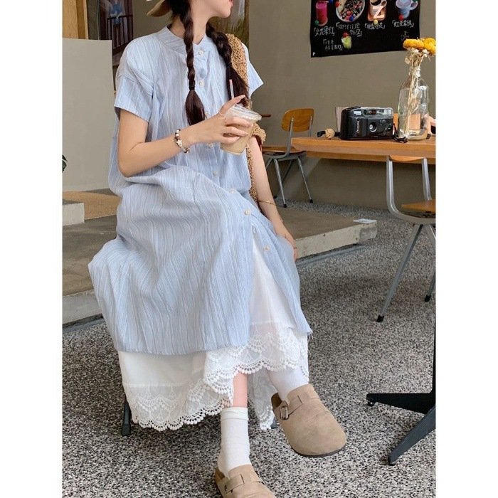 蓝色条纹短袖衬衫连衣裙女夏季2025新款韩系宽松中长款叠穿两件套