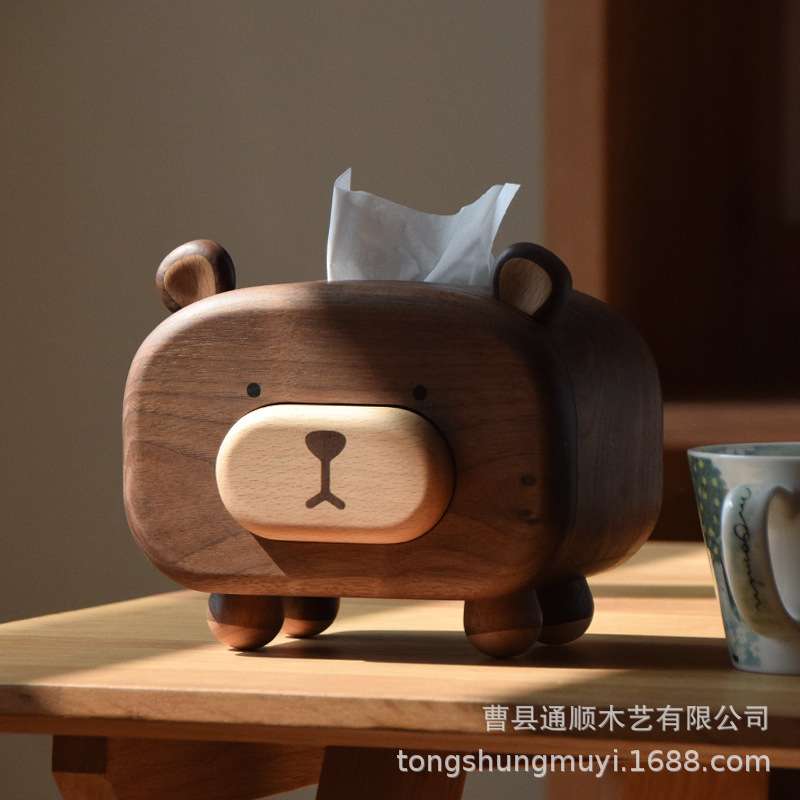 黑胡桃木可爱抽纸盒创意摆件多功能牙签筒时钟客厅纸巾盒收纳