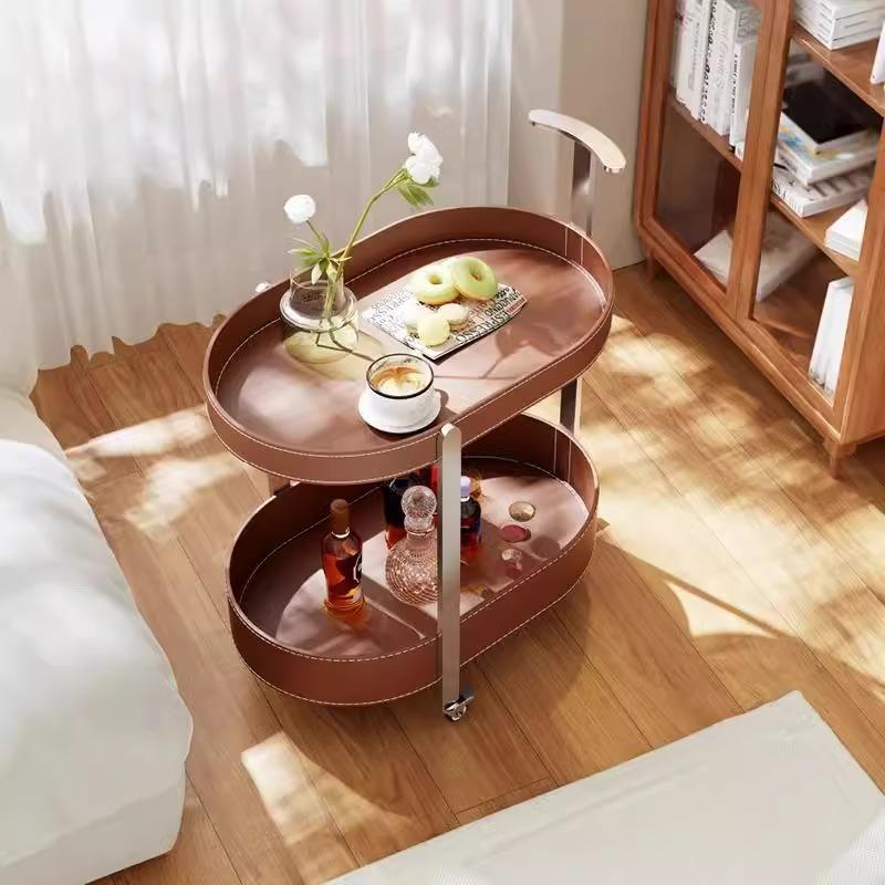 创意客厅沙发角几网红轻奢边几马鞍皮置物架可移动不锈钢推车茶几