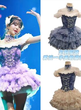 新款IVE张元英同款雾蓝一字肩重工芭蕾风打歌服舞台蓬蓬公主裙