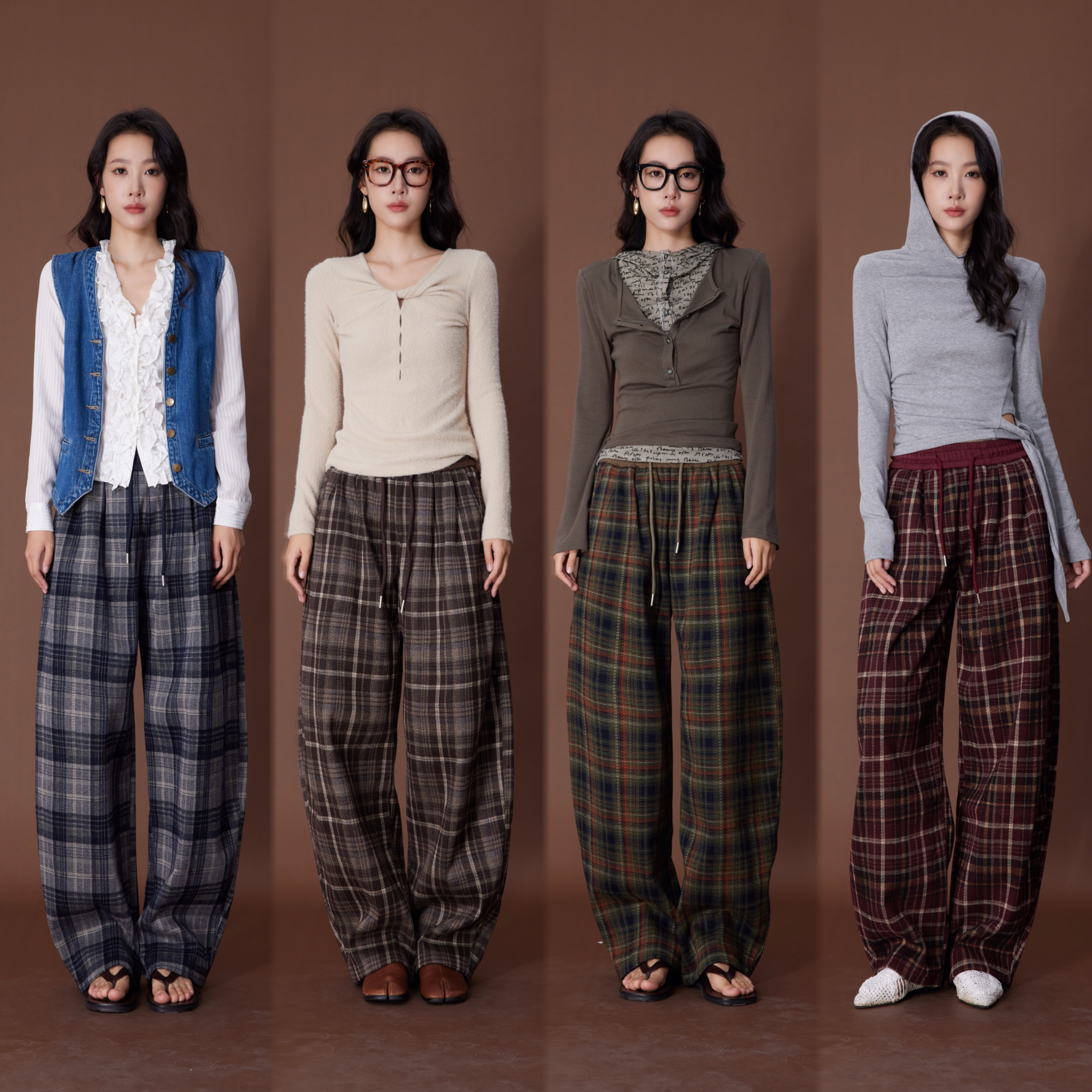 ATUMU加绒松紧腰格子卫裤