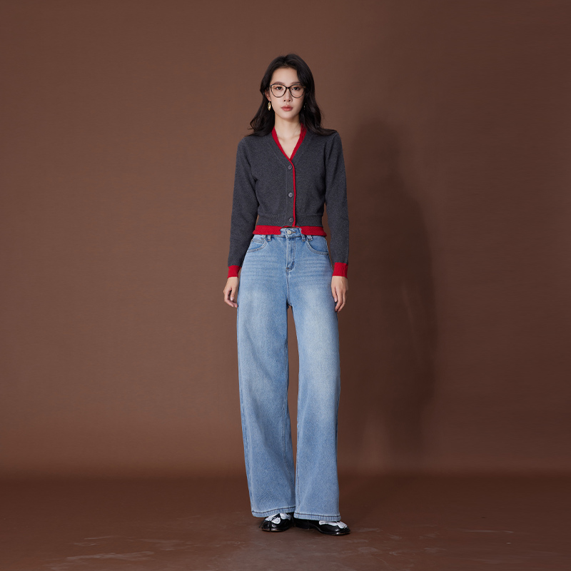 ATUMU「直筒裤系列」秋冬新品丨高腰女加绒磨白宽松牛仔裤AT484