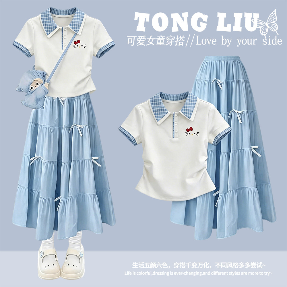 2026新款女童学院风POLO领短袖公主连衣裙儿童夏季白色蛋糕裙套装