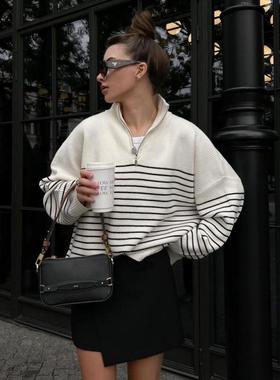 female sweater knitted zip half lapel striped gentle