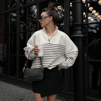 female sweater knitted zip half lapel striped gentle