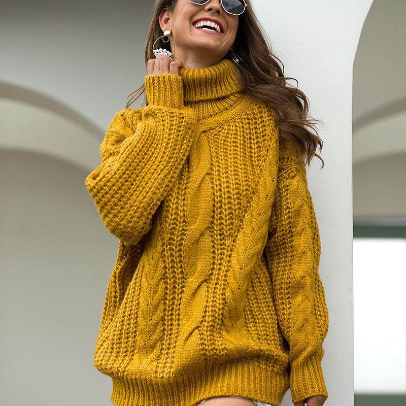 twist yellow turtleneck women sweater oversized long white
