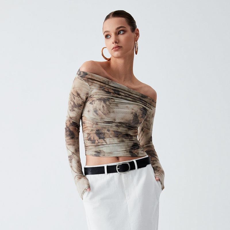 women for T-shirt slim exposed belly top pleated shoulder