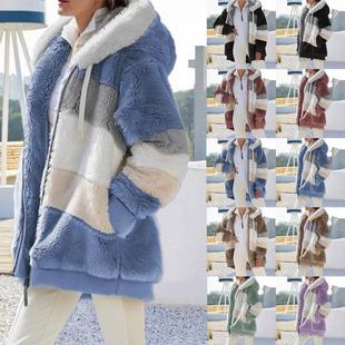 for women Warm hooded loose plush pocket zipper patchwork